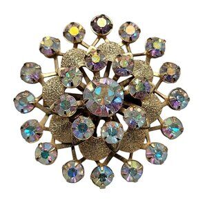 Aurora Borealis Sun Burst Brooch Textured Gold Tone Vintage Pin